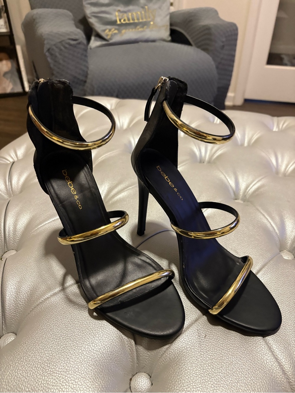 Bebe Black and Gold Hoop-Strap Stiletto Sandals